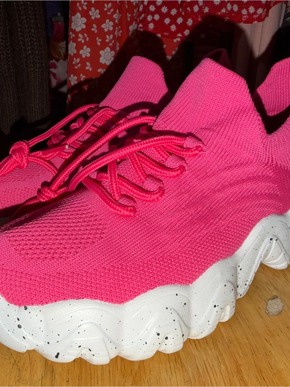 Hot Pink Knit Slip-On Athletic Sneakers with Cushioned White Speckled Sole